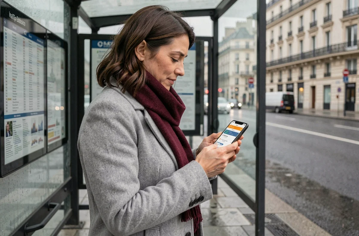 Femme consultant l'application RATP en temps réel à un arrêt de bus parisien sous un abribus en verre