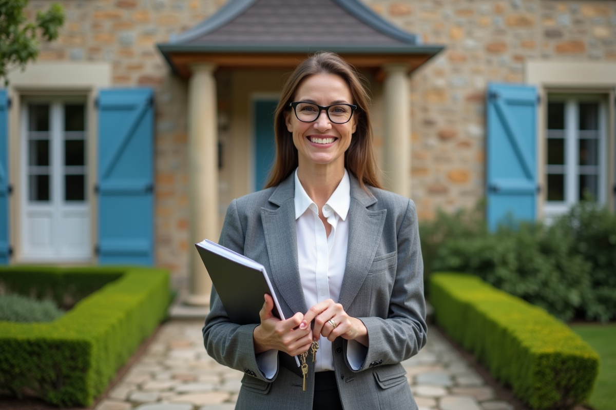 Femme souriante tenant des clés devant une maison en pierre