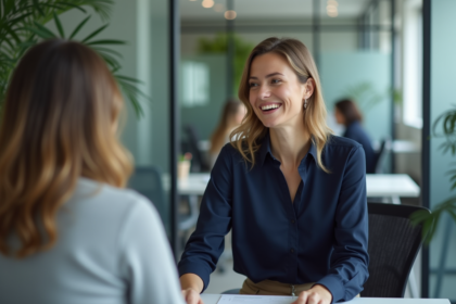 Femme souriante en bureau moderne lors d'une discussion