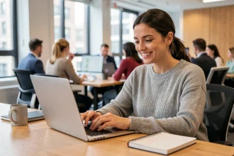 Femme souriante utilisant un emoticon merci dans un message professionnel sur son ordinateur portable au bureau