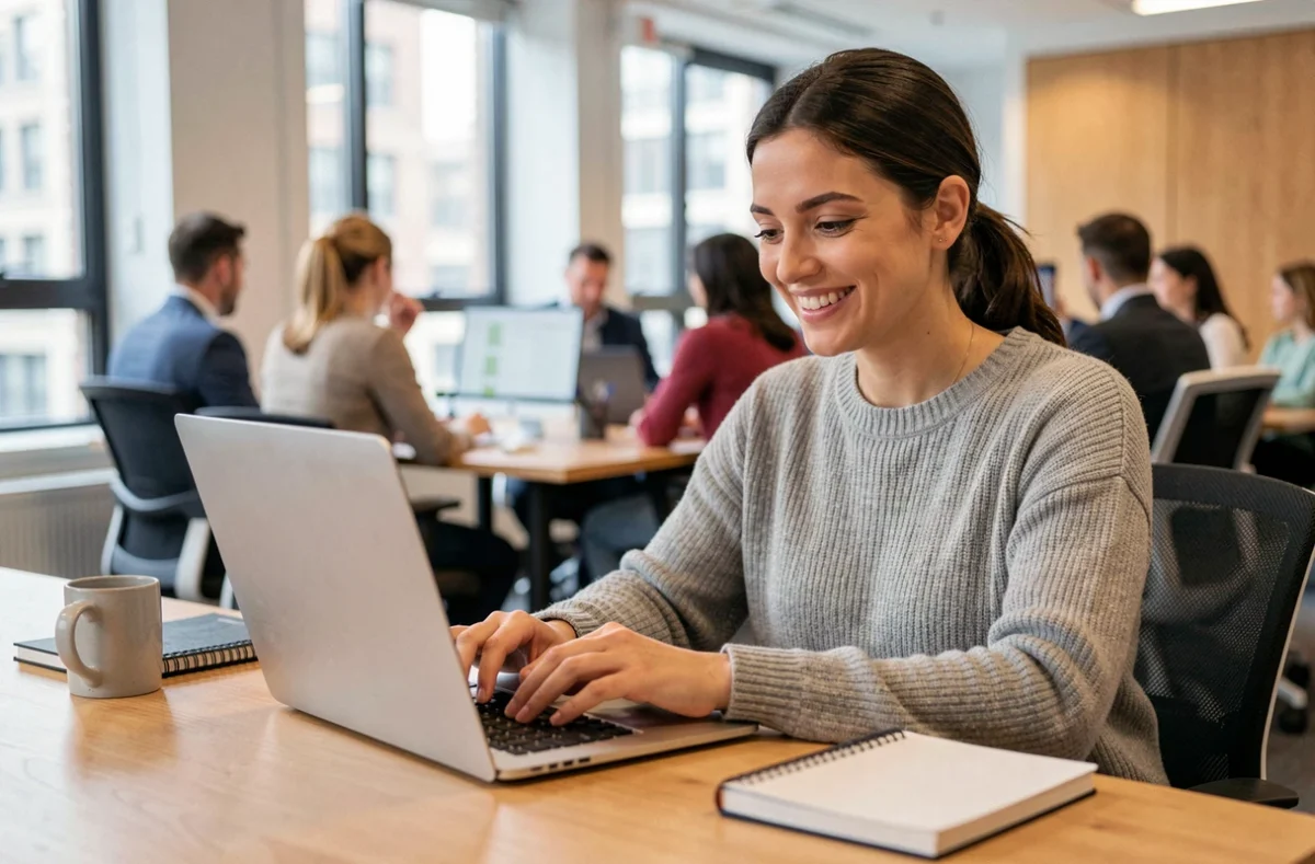 Femme souriante utilisant un emoticon merci dans un message professionnel sur son ordinateur portable au bureau