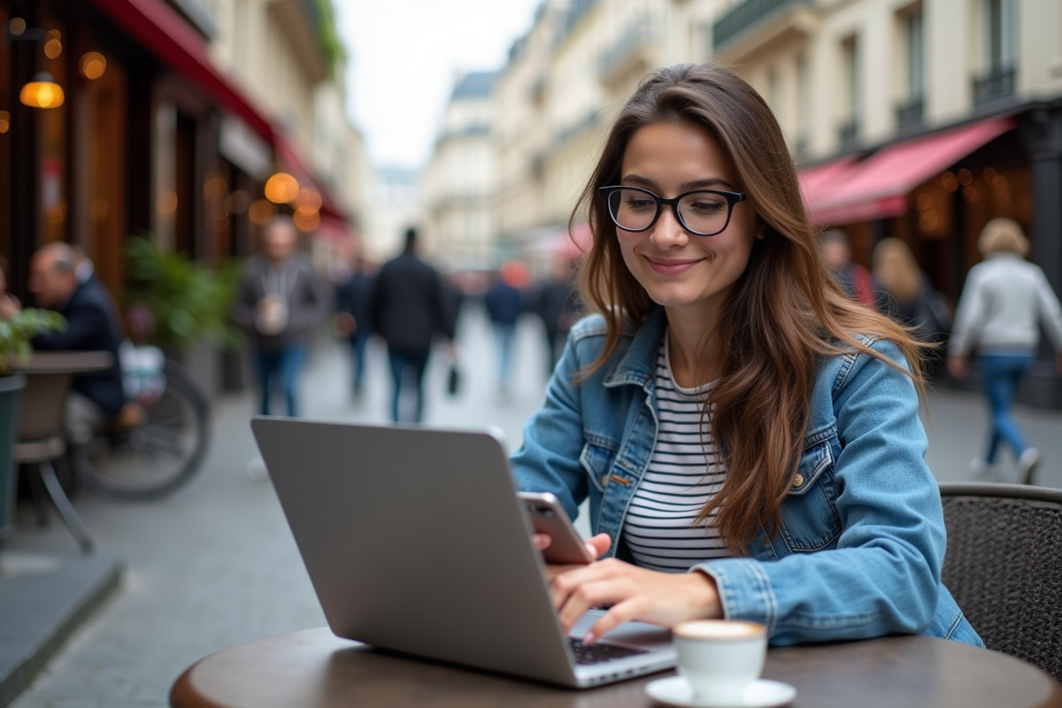 Jeune femme française relaxant dans un café parisien avec ordinateur