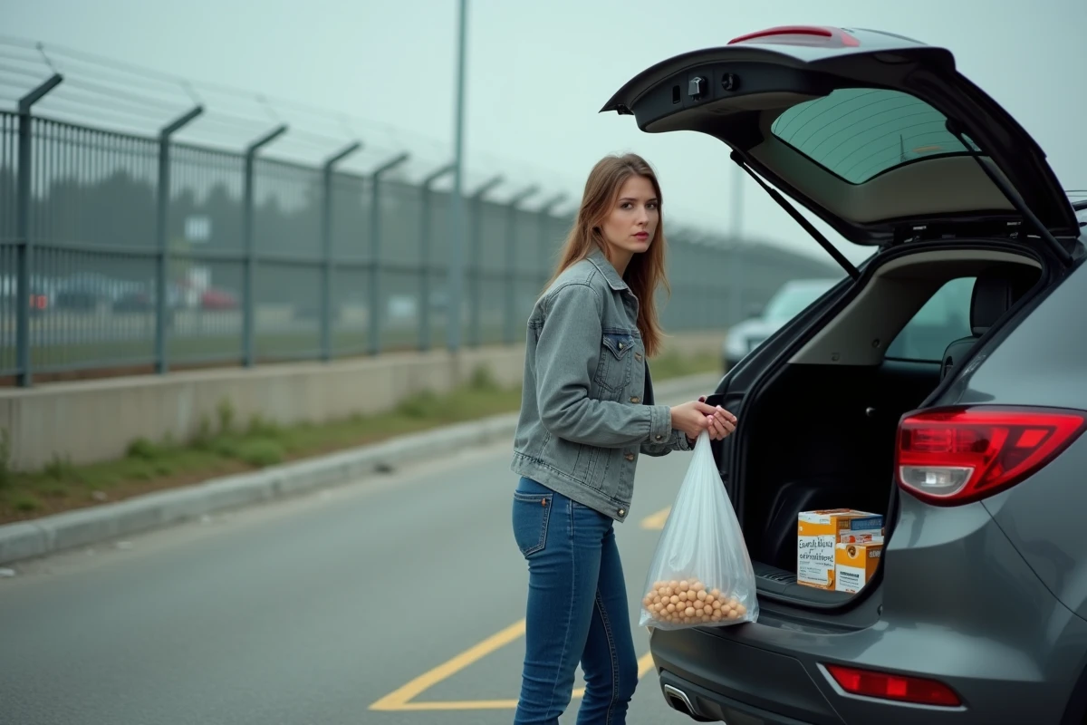Femme avec des cartouches de cigarettes achetées au Luxembourg dans le coffre de sa voiture à un poste frontière