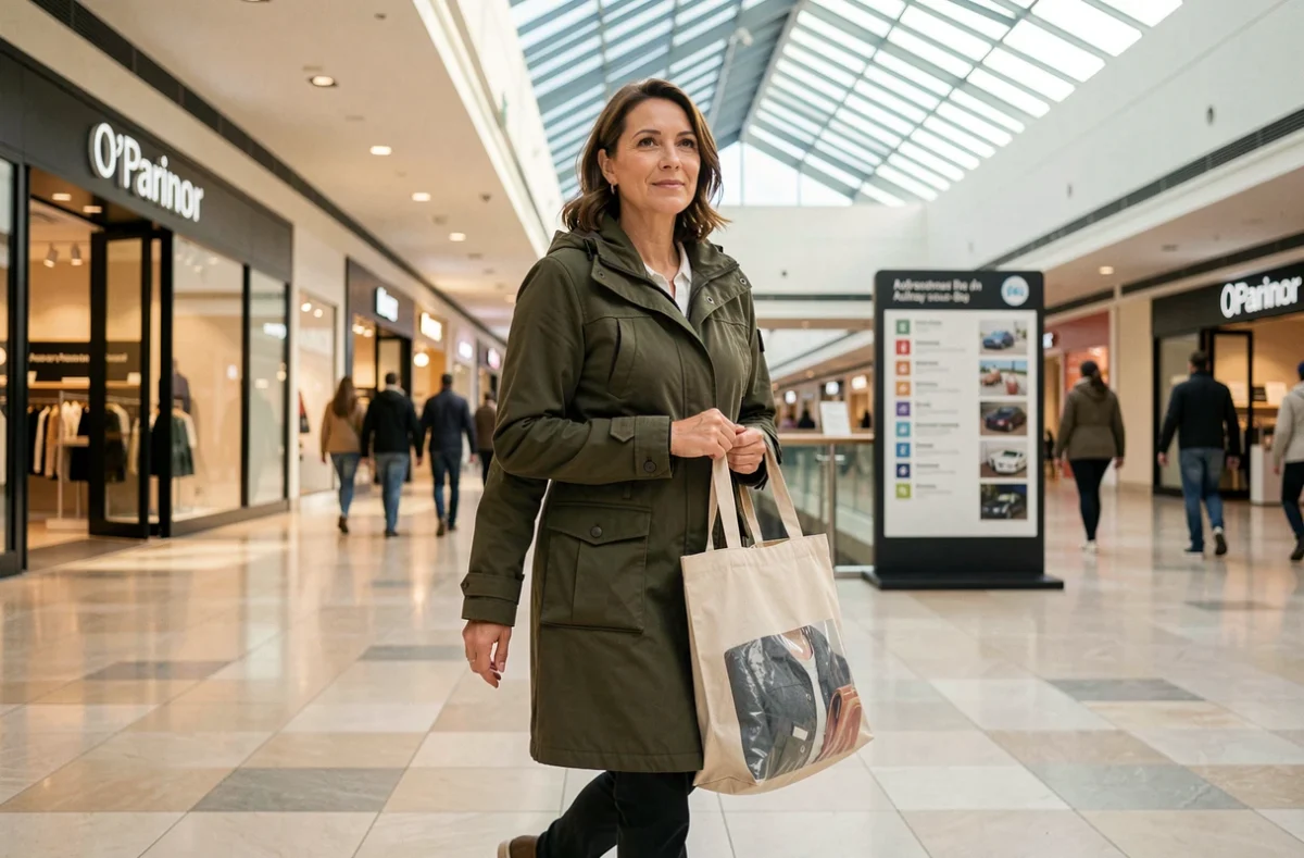 Femme transportant un colis Vinted dans le centre commercial O'Parinor à Aulnay-sous-Bois