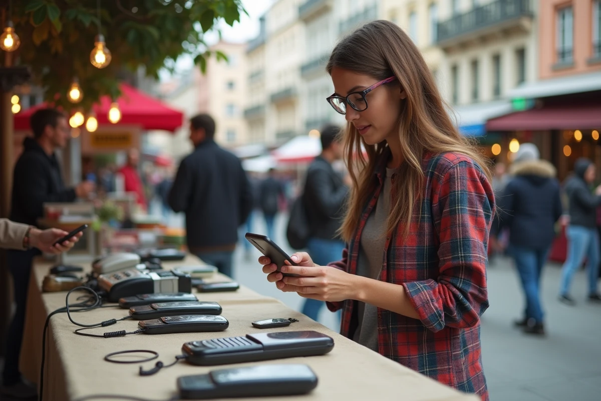 Jeune femme examine des téléphones anciens au marché en plein air