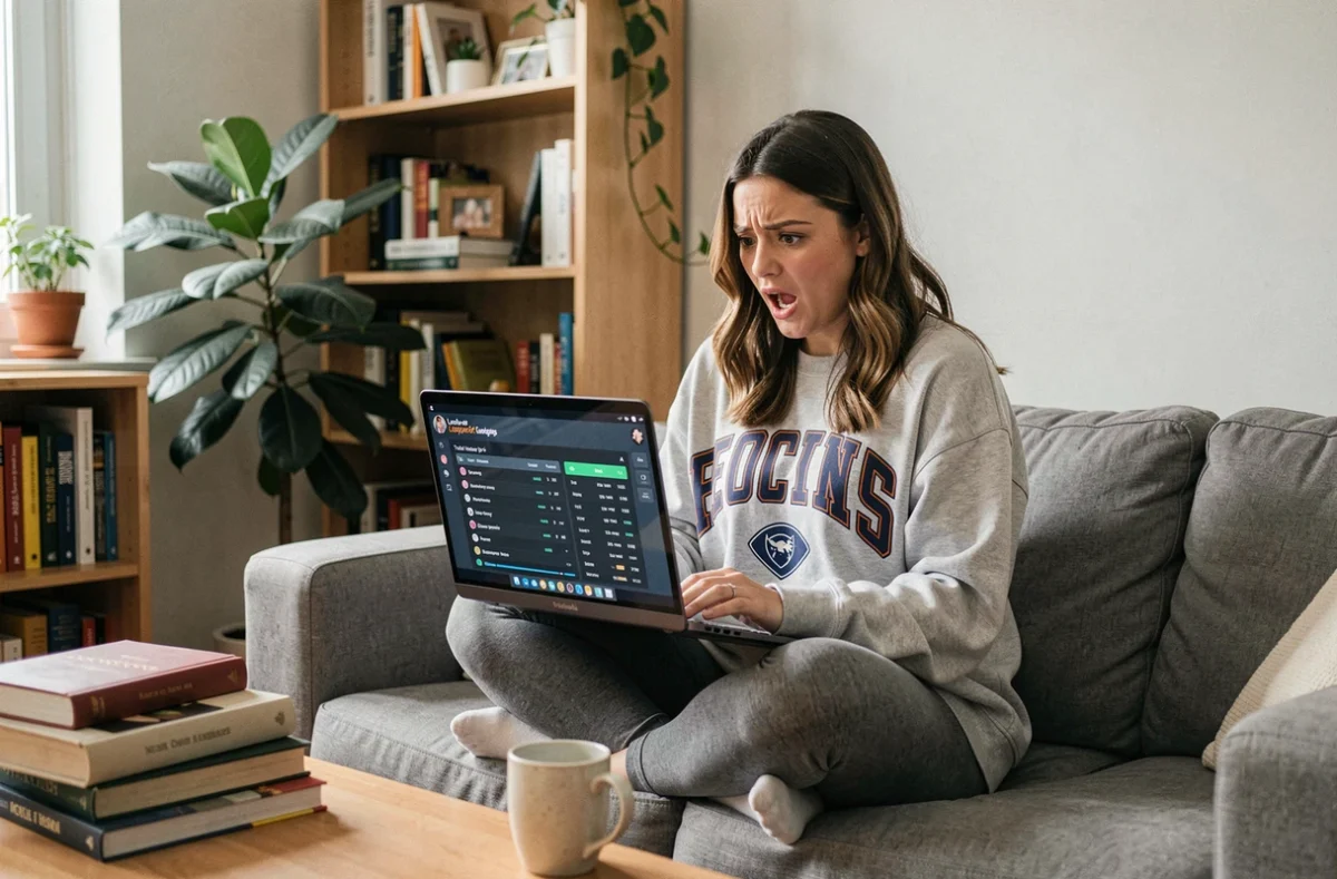 Jeune femme surprise en découvrant le nombre d'heures passées sur League of Legends depuis son canapé