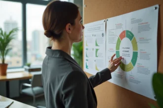 Femme d'affaires examine un diagramme d'economie circulaire dans un bureau moderne