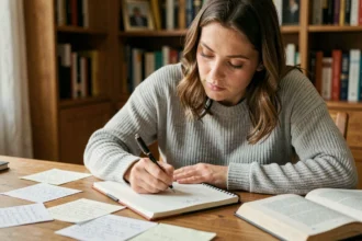 Femme concentrée en train d'écrire dans un carnet avec un livre de grammaire française ouvert sur son bureau en bois, illustrant la vérification orthographique du participe passé mis ou mit