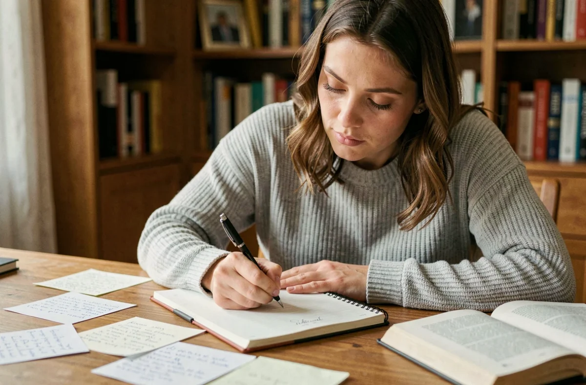 Femme concentrée en train d'écrire dans un carnet avec un livre de grammaire française ouvert sur son bureau en bois, illustrant la vérification orthographique du participe passé mis ou mit