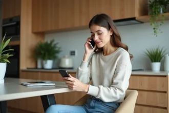 Femme enregistrant un message vocal dans sa maison