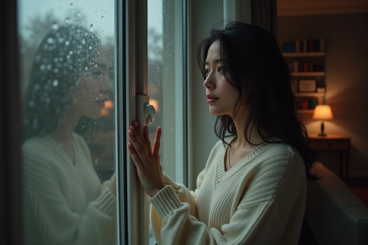 Femme pensive devant une fenêtre sous la pluie illustrant la profondeur émotionnelle des lyrics de Demons d'Imagine Dragons