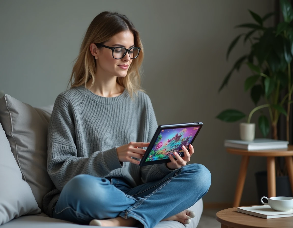 Femme consultant un forum de stratégie de jeu sur tablette dans un salon cosy, planifiant sa progression en monocompte