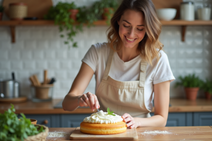 Femme appliquant de la creme mascarpone sur un gateau doré