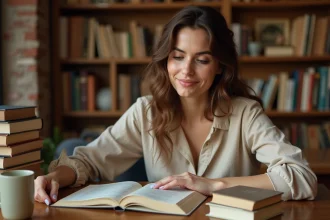 Femme lisant attentivement un livre de grammaire française dans une librairie indépendante, illustrant la différence entre écouter et entendre