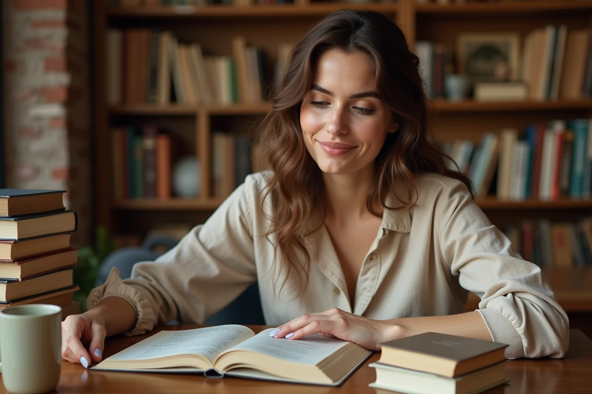 Femme lisant attentivement un livre de grammaire française dans une librairie indépendante, illustrant la différence entre écouter et entendre