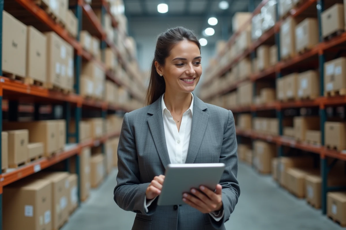 Femme d affaires contrôlant livraisons dans un entrepôt