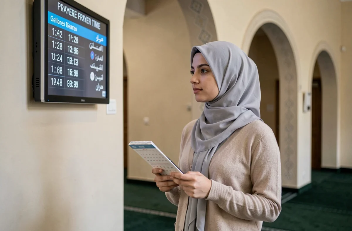 Jeune femme voilée consultant le tableau des heures de prière dans une mosquée de Grenoble avec un calendrier imprimé
