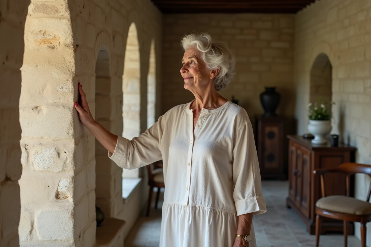 Femme admirant les murs en pierre dans une bastide restaurée