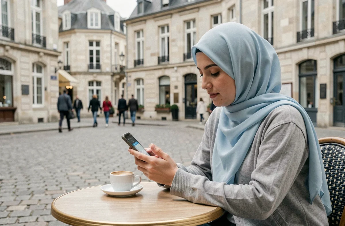 Femme consultant les horaires de prières à Douai sur téléphone en terrasse de café