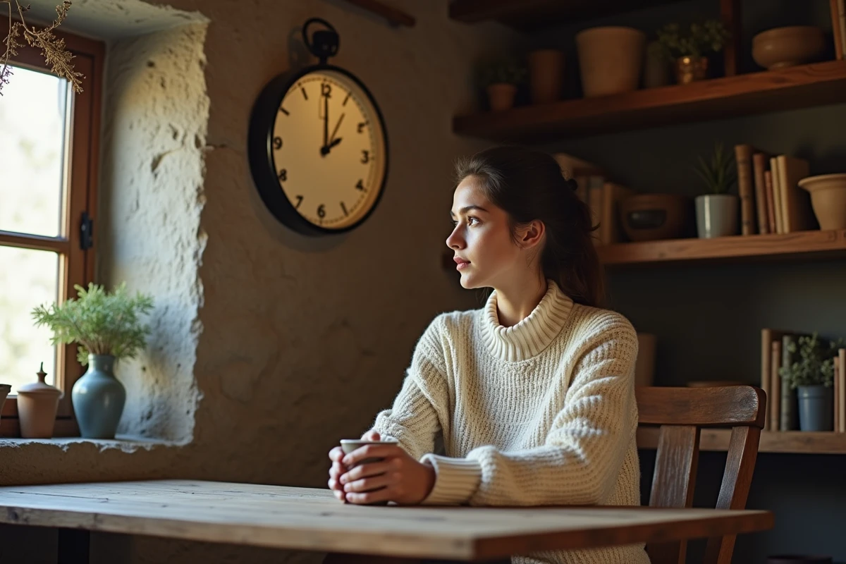 Jeune femme contemplant une horloge affichant 1h11 dans une pièce en pierre, évoquant les signes spirituels des flammes jumelles et la synchronicité de l'âme