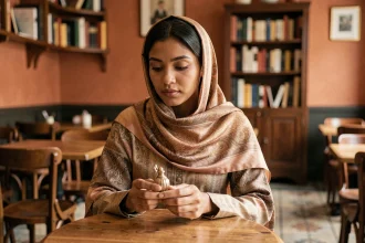 Jeune femme nord-africaine pensive dans un café parisien, portant un foulard élégant, illustrant une réflexion sur l'identité religieuse et culturelle