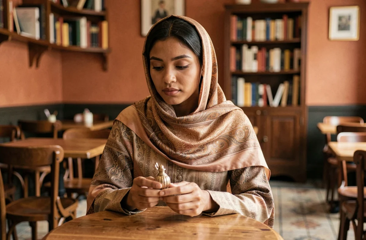 Jeune femme nord-africaine pensive dans un café parisien, portant un foulard élégant, illustrant une réflexion sur l'identité religieuse et culturelle