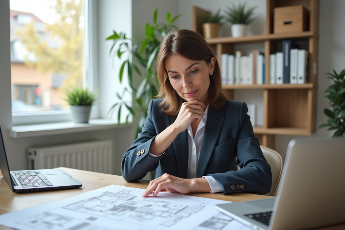 Femme d affaires analysant des documents immobiliers dans un bureau lumineux