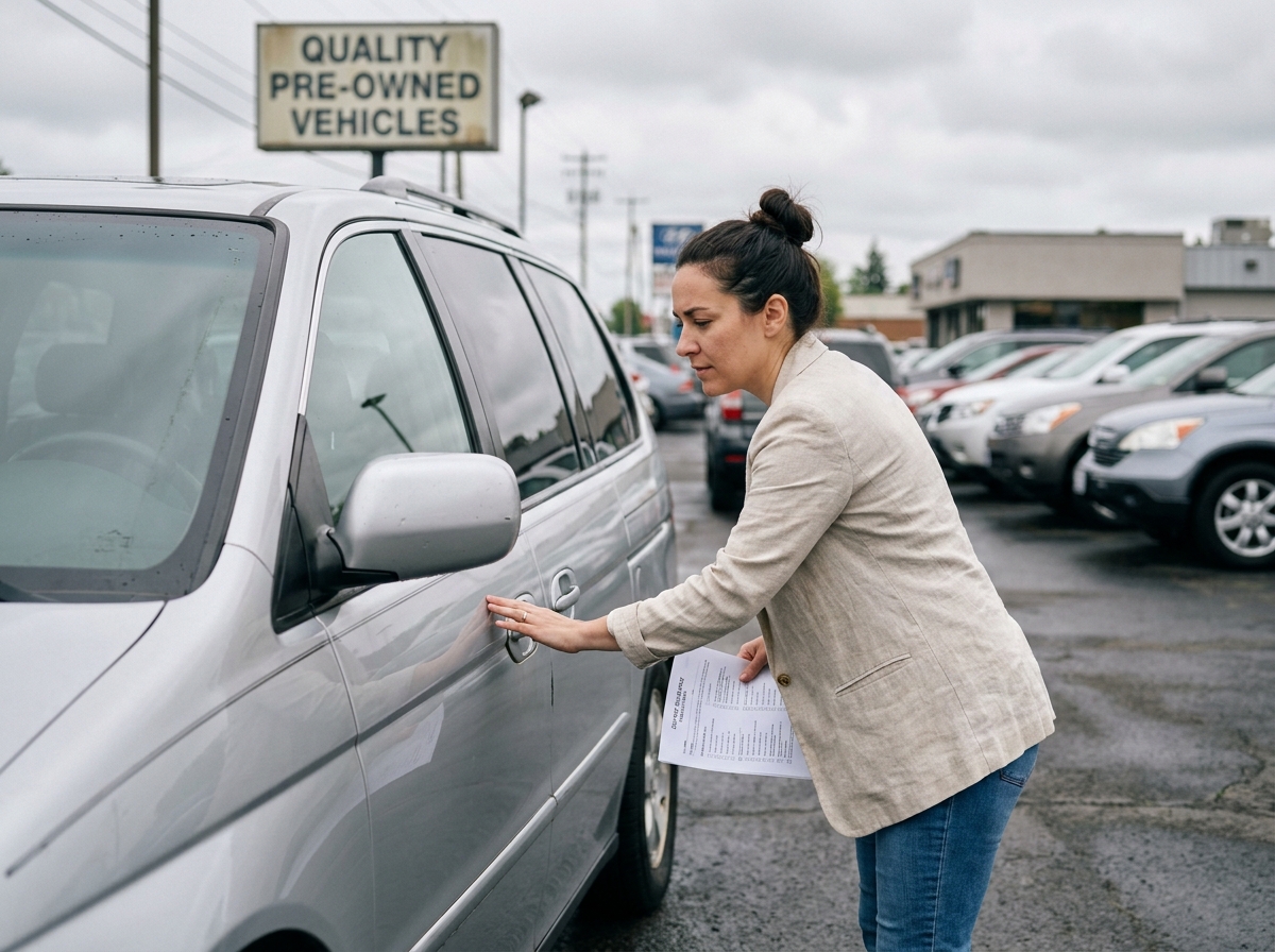 Femme examinant une voiture familiale d'occasion dans un parking de concessionnaire, tenant une liste de vérification