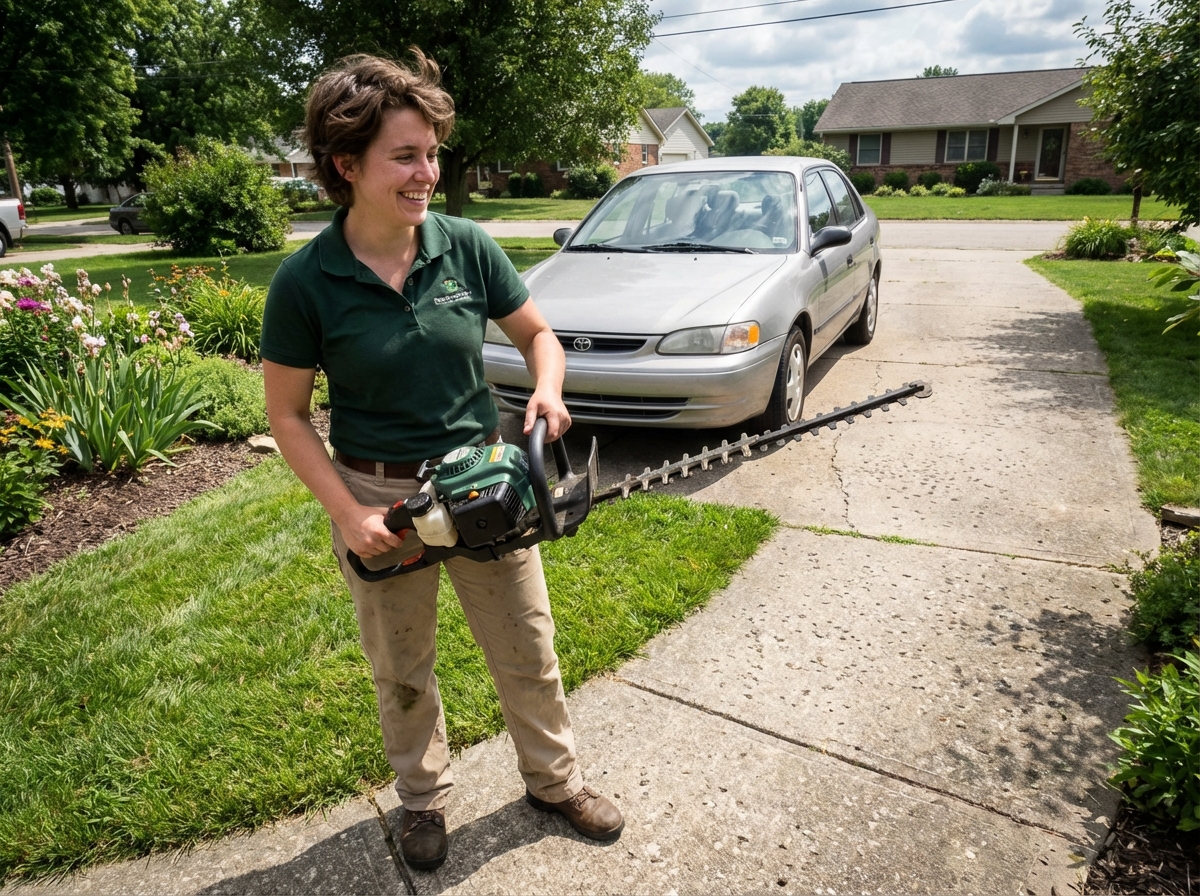 Femme en uniforme de jardinage avec outil dans une cour verte
