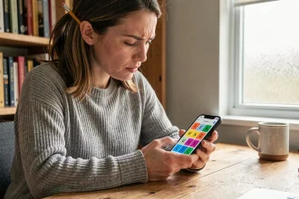 Femme concentrée jouant à 4 Images 1 Mot sur smartphone avec des tuiles de 9 lettres à son bureau à domicile