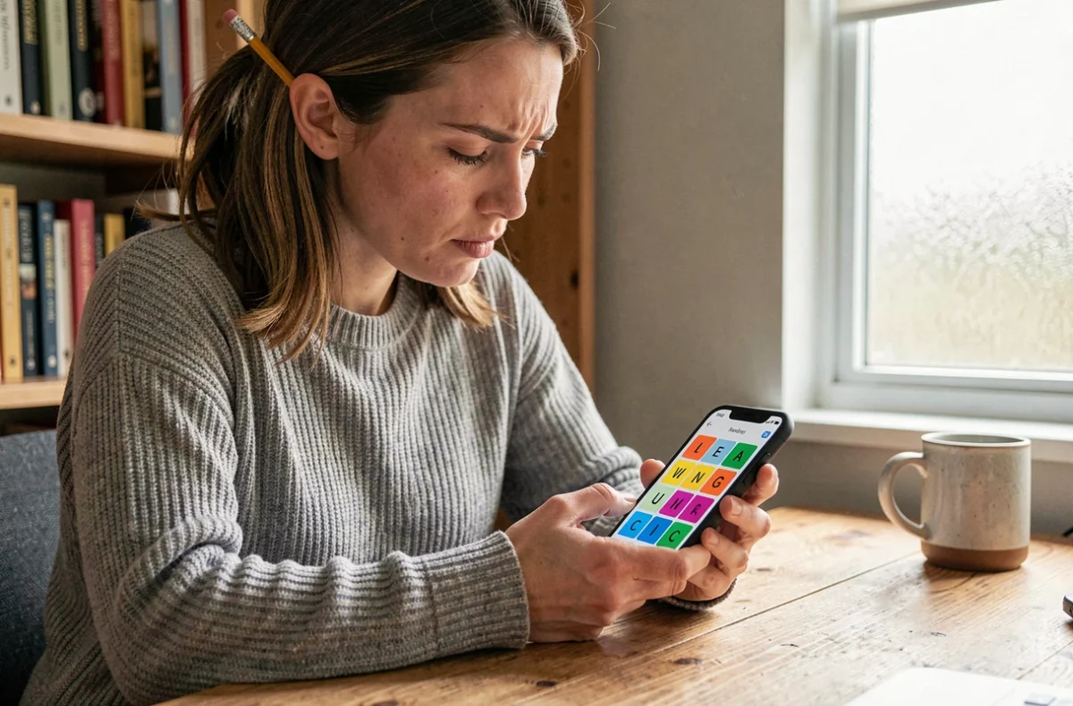 Femme concentrée jouant à 4 Images 1 Mot sur smartphone avec des tuiles de 9 lettres à son bureau à domicile