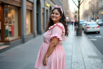 Femme plussize souriante en robe pastel kawaii