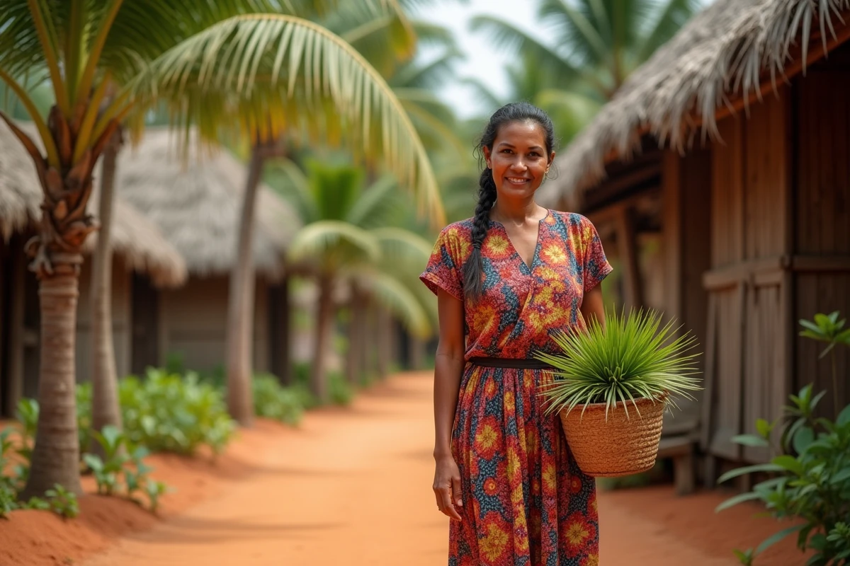 Femme kanak marchant dans un village côtier avec des huttes