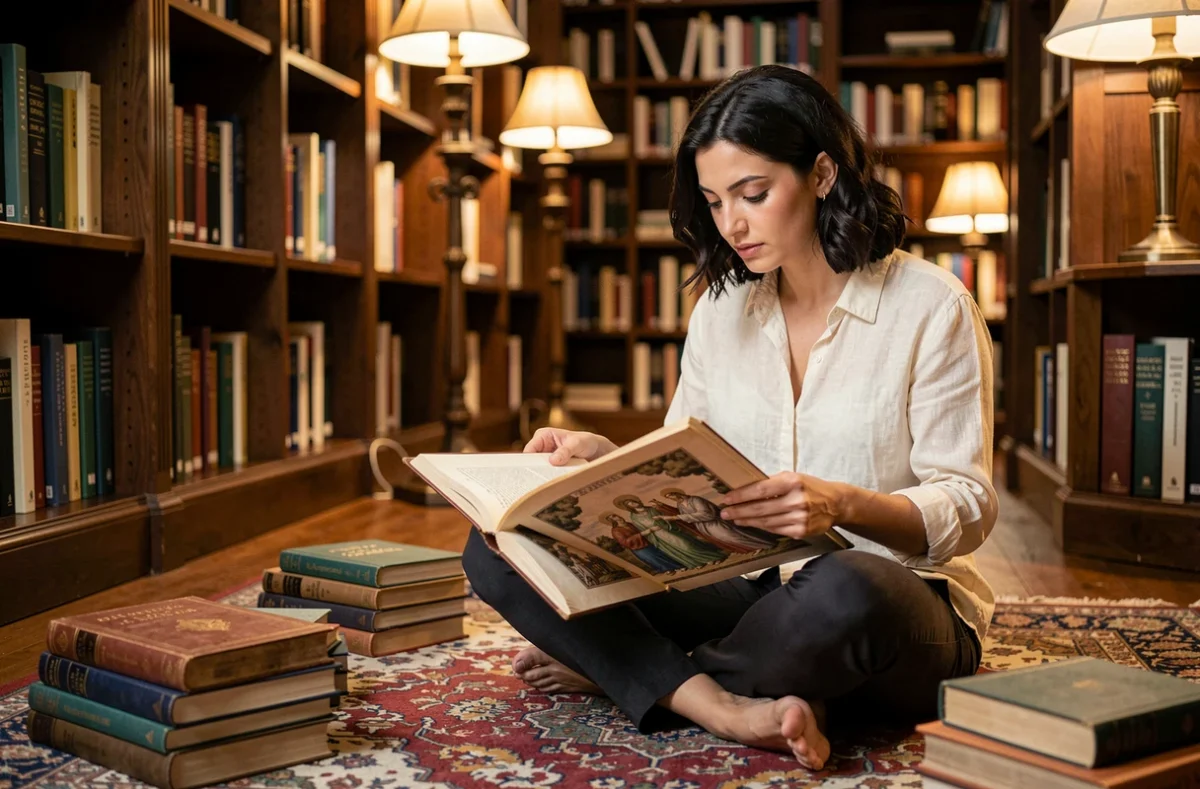 Jeune femme méditerranéenne lisant des ouvrages sur les religions du monde dans une bibliothèque studieuse, symbolisant la curiosité et la recherche spirituelle