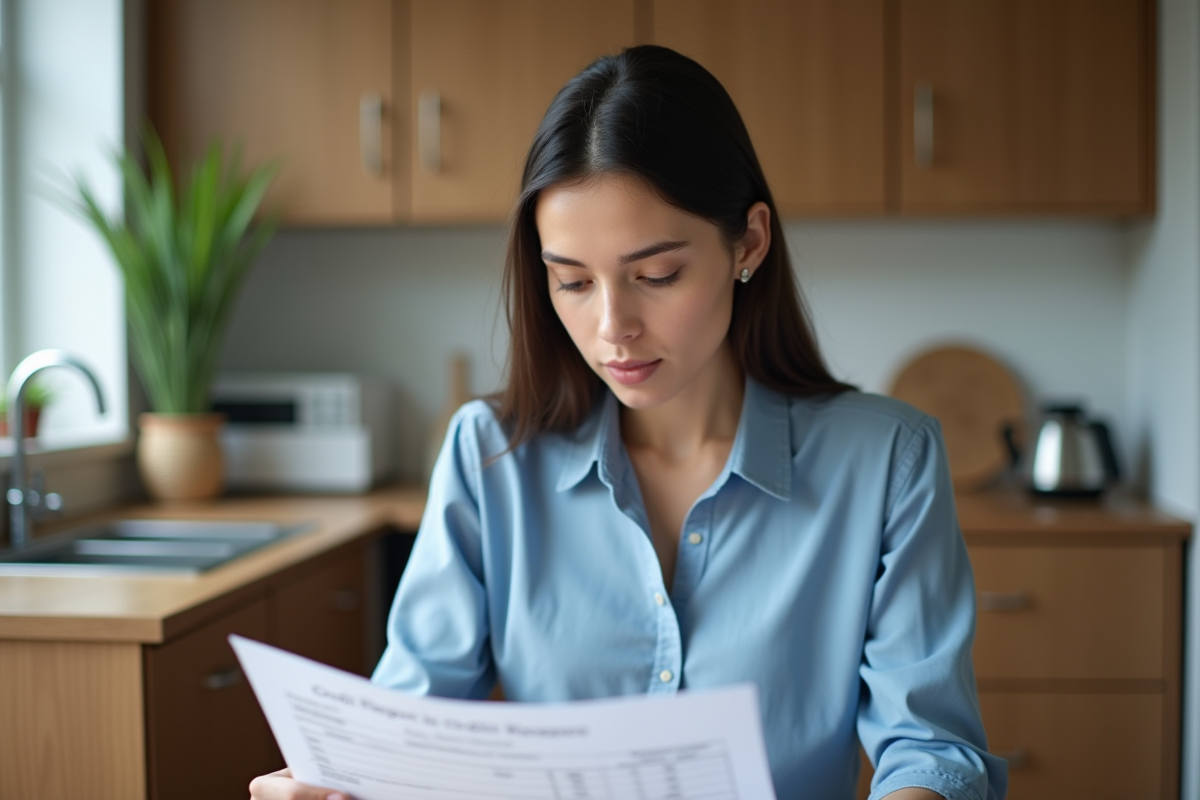 Jeune femme lisant un relevé de crédit dans la cuisine