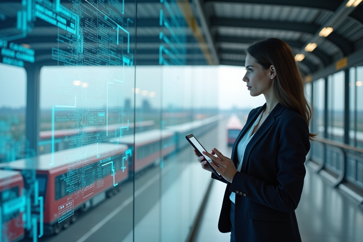 Jeune femme professionnelle analysant une carte digitale