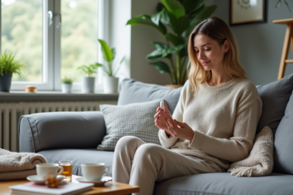 Femme relaxant en intérieur appliquant lotion aux mains