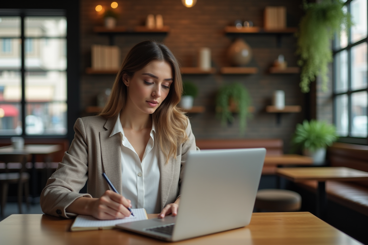 Jeune femme marketer travaillant dans un café cosy