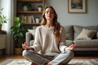 Femme méditant en intérieur dans un salon cosy