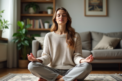 Femme méditant en intérieur dans un salon cosy