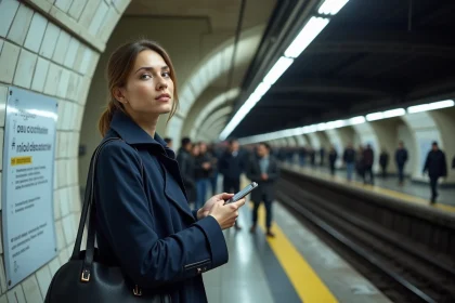 Femme lisant un message de perturbation RATP sur un panneau d'information en station de métro parisienne