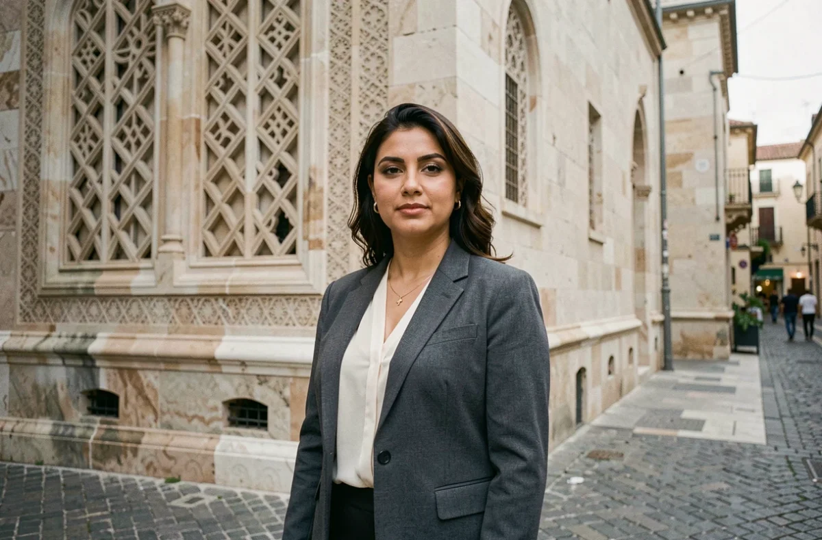 Femme d'apparence moyen-orientale devant une façade de mosquée historique en pierre, portrait éditorial illustrant la question de l'appartenance religieuse