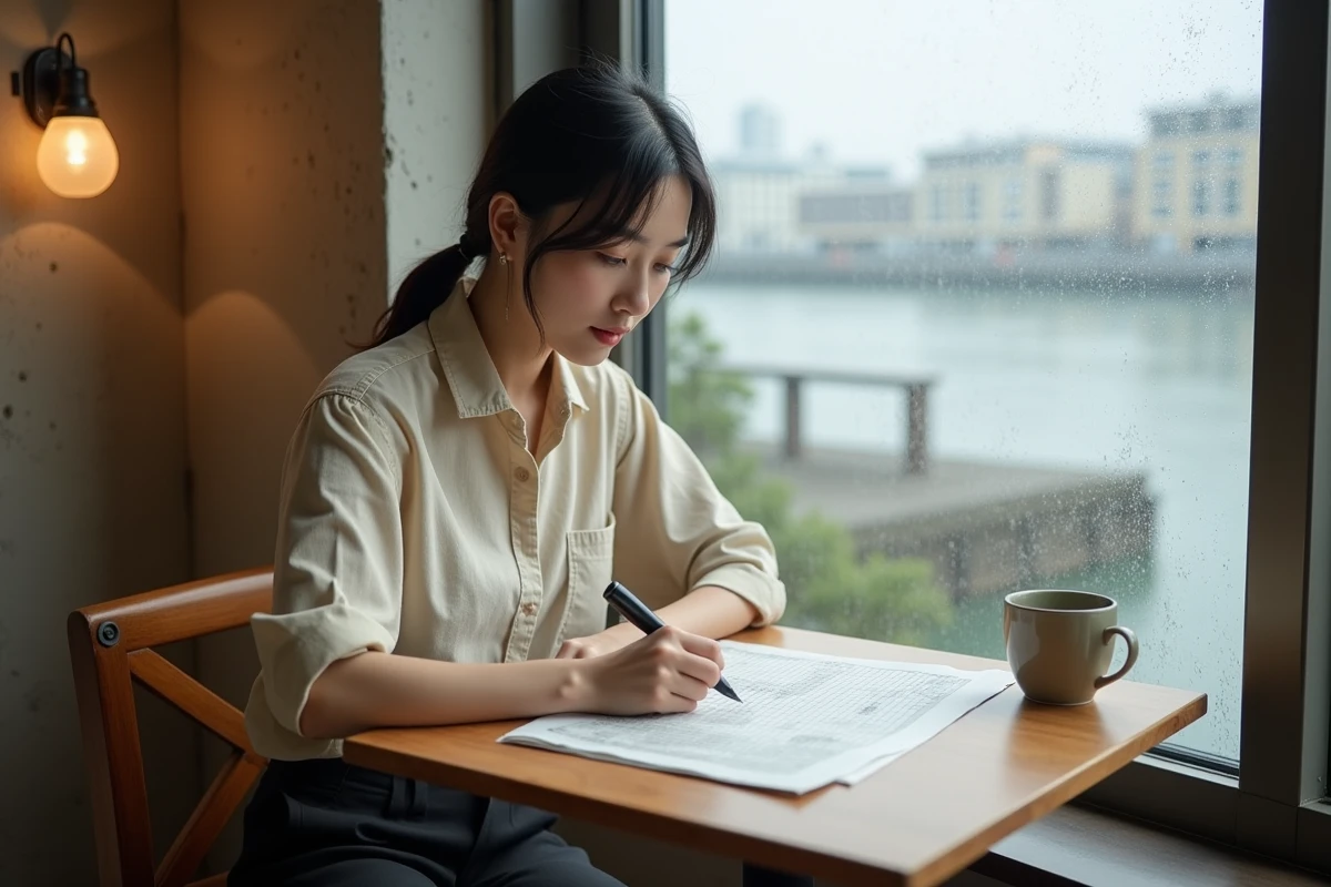 Femme japonaise résolvant des mots croisés avec vue sur un port en arrière-plan