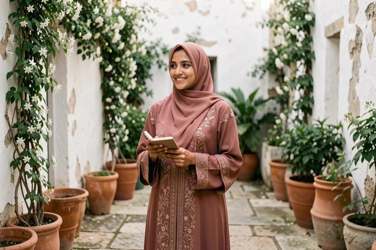 Femme musulmane en hijab rose dans un jardin fleuri, tenant un carnet et souriant avec sérénité