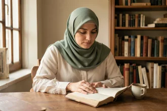 Femme musulmane en hijab vert sauge lisant un livre dans un bureau chaleureux, expression sereine et inspirée