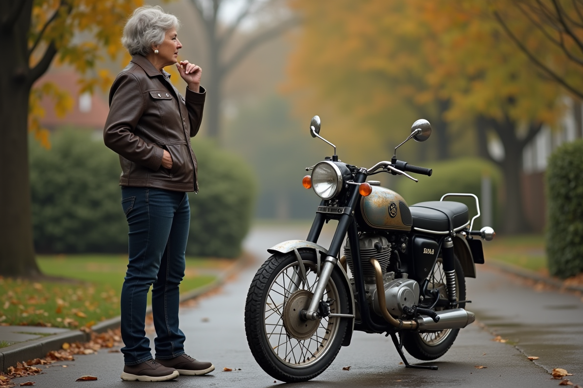 Femme négocie avec un vendeur sur une vieille moto Dax 50cc