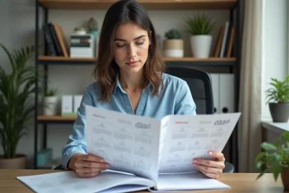Femme organisée avec calendrier 2026 dans un bureau moderne