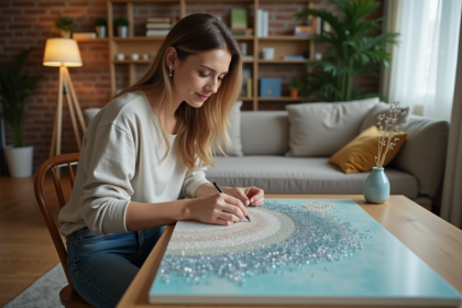 Femme concentrée posant des diamants sur sa peinture