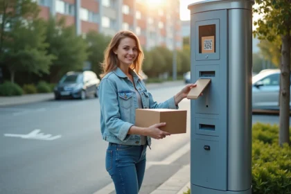 Femme souriante devant un casier de retrait colis urbain