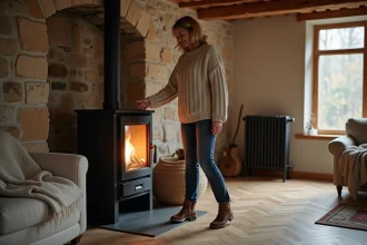 Femme en pull en laine près d'un poêle à bois moderne dans un salon avec ancien radiateur électrique en arrière-plan